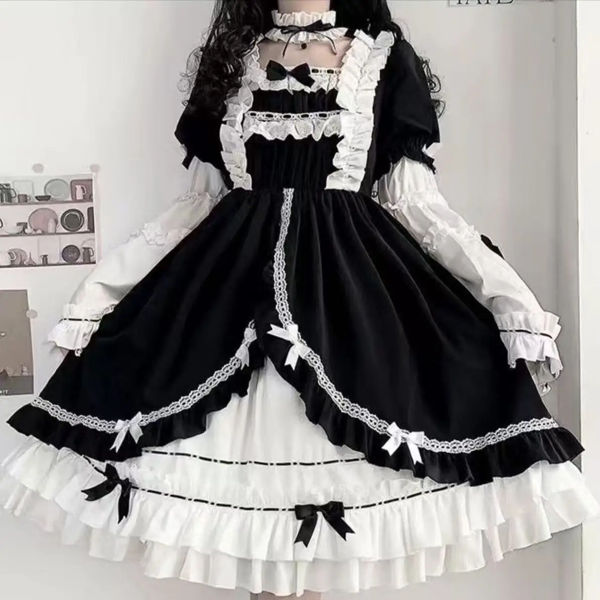 Classic Princess Cosplay Costume Girls Detachable Large Sleeve Bowtie Dress Vintage Street Heavy Industry Women Lolita