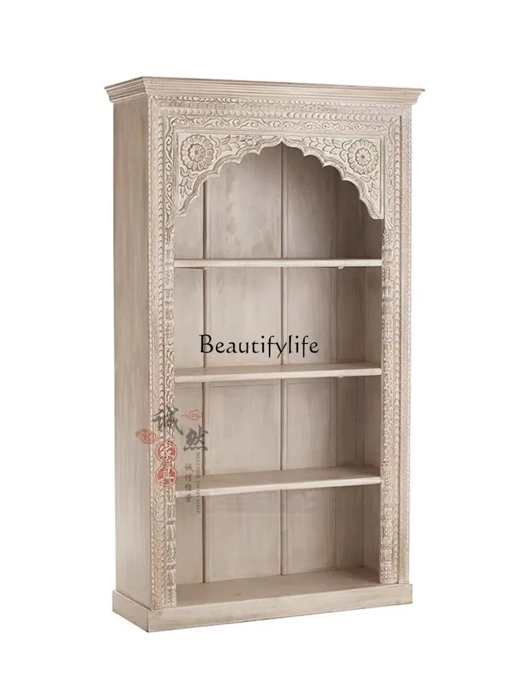 

French Retro Solid Wood Bookcase European-Style Carved Bookcase Shelf Living Room Distressed Display Cabinet