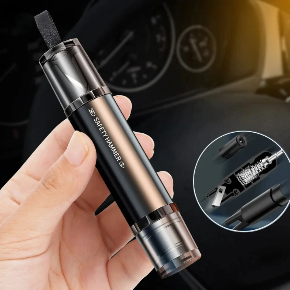 Window Glass Breaker 2-in-1 Car Safety Hammer Seat Belt Cutter High Hardness Tungsten Steel Emergency Rescue Tool with Base