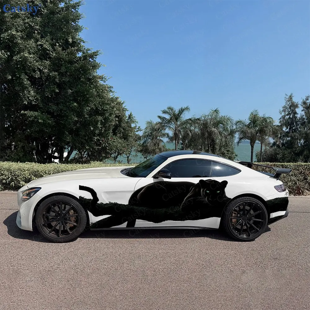 

2pcs Silhouette Black Panther & Bamboo Car Side Wraps, Self-Adhesive PVC Waterproof & Scratch-Resistant Stickers, Car Accessory