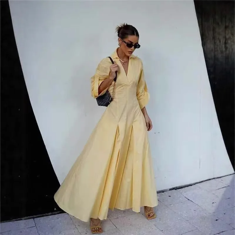 

Fashion Cream Yellow Long Dress Chic V-neck Half Sleeve High Waist Pleated 2025 New High Street Ladies Commuter Gown