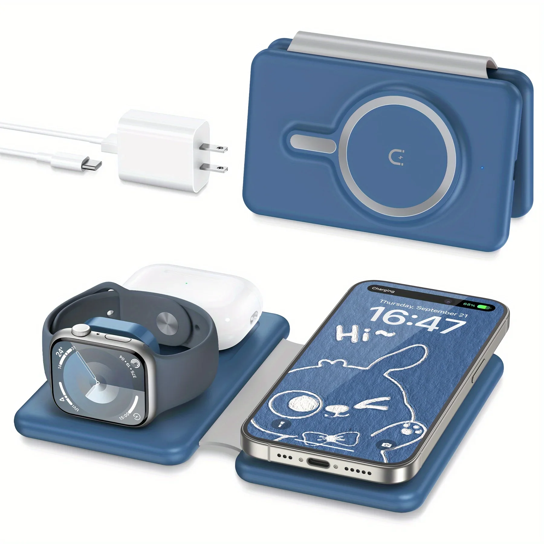 Cell Phone Wireless Charger - 3-in-1 Travel Charging Station for Multiple Devices, Portable Foldable Magnetic Charging Pad