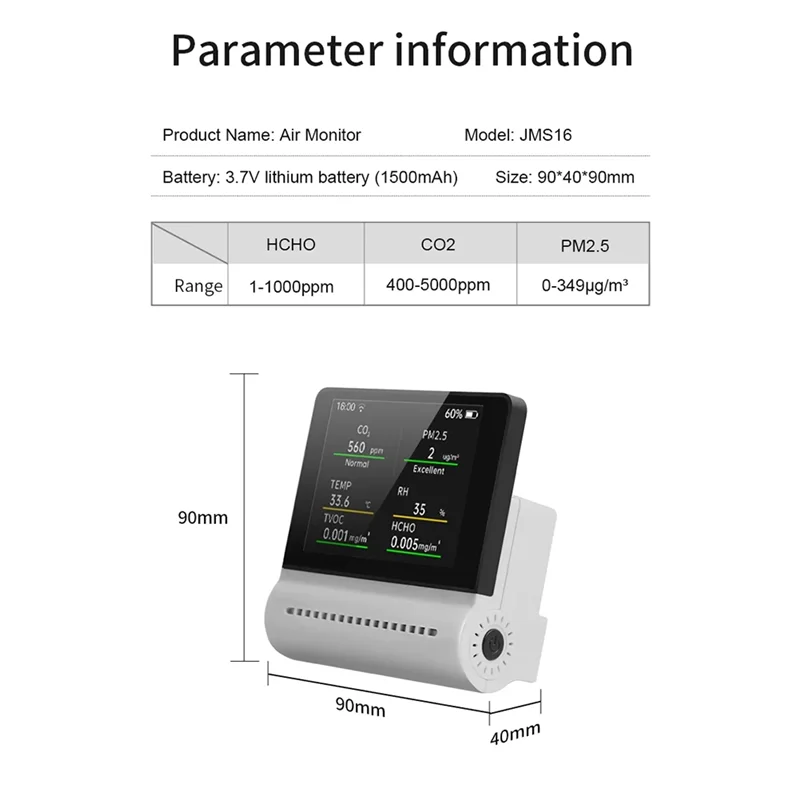 1 Juego Jms16 Monitor de calidad del aire Detector de Gas Pm2.5 HCHO TVOC Co2 temperatura humedad pantalla táctil capacitiva multifuncional