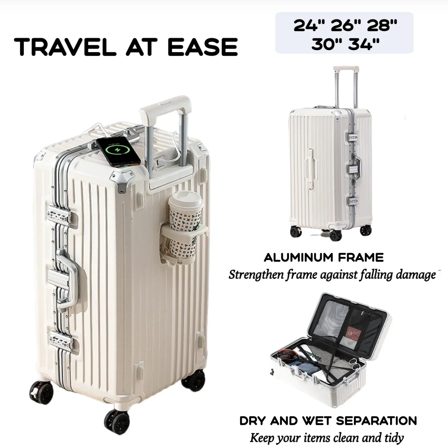 2024 New Durable Large Capacity Luggage Sets Suitcase USB Charging Men Carry-On Boarding Travel 24/26/28/30/34