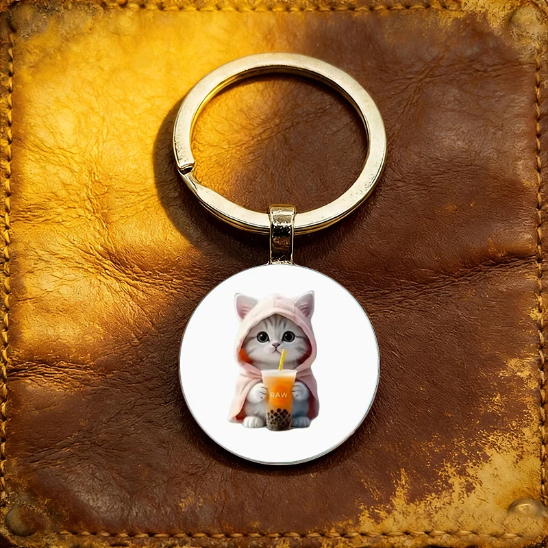 5PCS Hoodie, cloak, pearl milk tea, kitten pattern keychain, birthday gift for friends, gift for cat owners