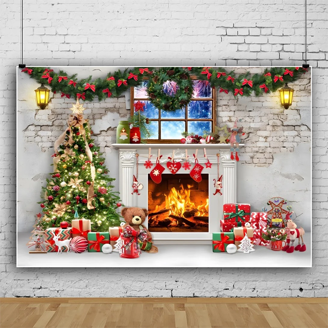 Christmas Backdrop Tree Gift Photocall Window Baby Family Portrait Photography Backgrounds Decor for Photo Studio Props