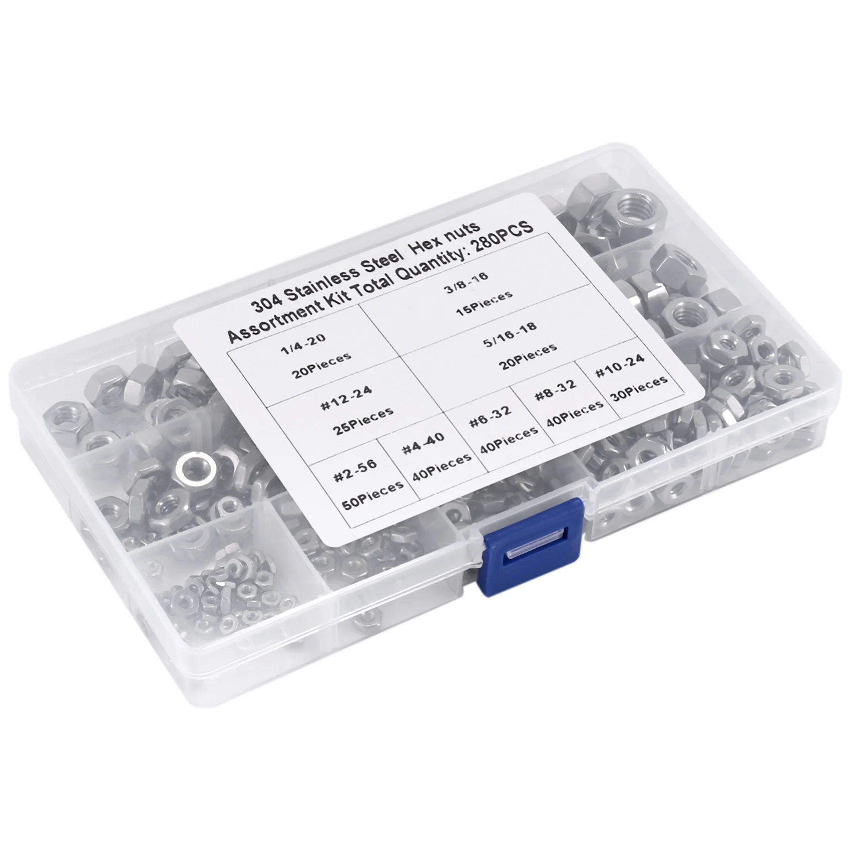 TFORU-Stainless Steel Nuts 2-56 To 3/8Inch-16 UNC Hex Nuts Assortment Kit For Screws Bolts-280Pcs
