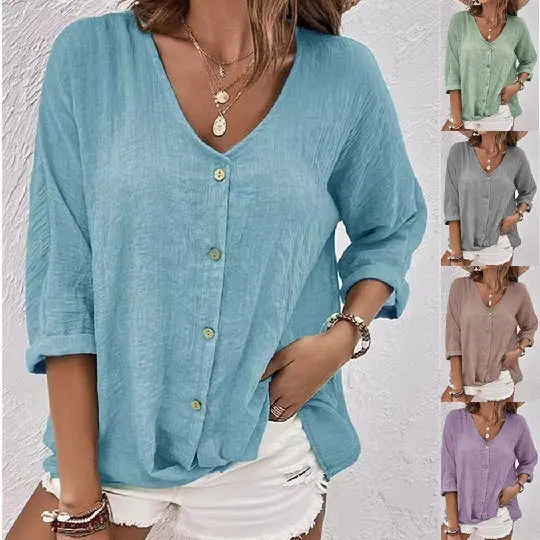

Summer Blouses For Women Dressy Casual Women'S Loose Button Solid Lapel Long Sleeves T Shirt Blouse Tops Blusas Mujer