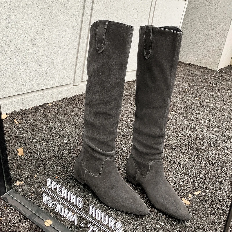 QUTAA 2026 موضة البقرة المدبوغ أخبار النساء حذاء برقبة للركبة الخريف النعال الكعوب أشار تو أحذية طويلة الشتاء أحذية امرأة 34-40 #3