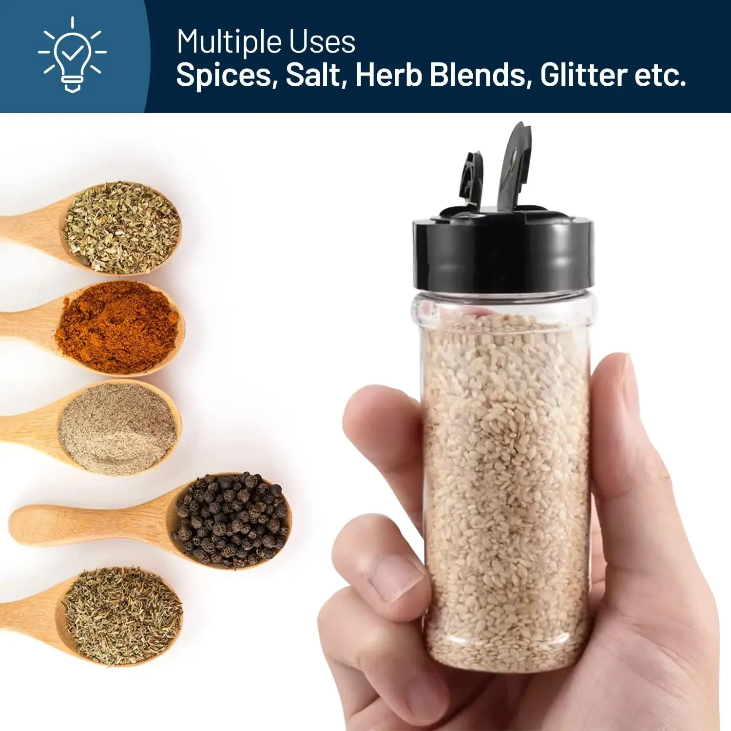 3oz Klare Kunststoff-Gewürzdosen mit schwarzen Streudeckeln, leere Gewürzflaschen mit Deckeln für die Küchenlagerung – Detail 6