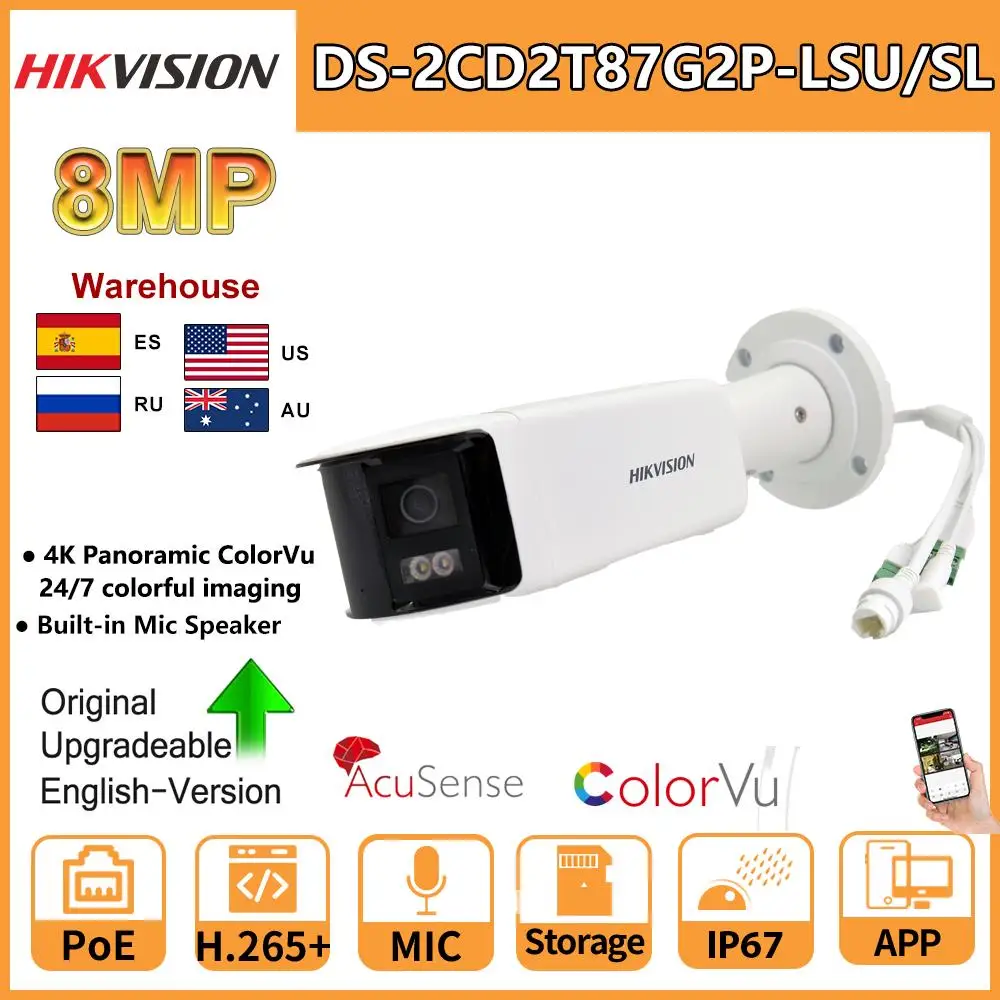 HIKVISION-cámara IP tipo bala de 8MP, videocámara panorámica ColorVu DS-2CD2T87G2P-LSU/SL, 4K, de seguridad, doble lente a Color, con micrófono