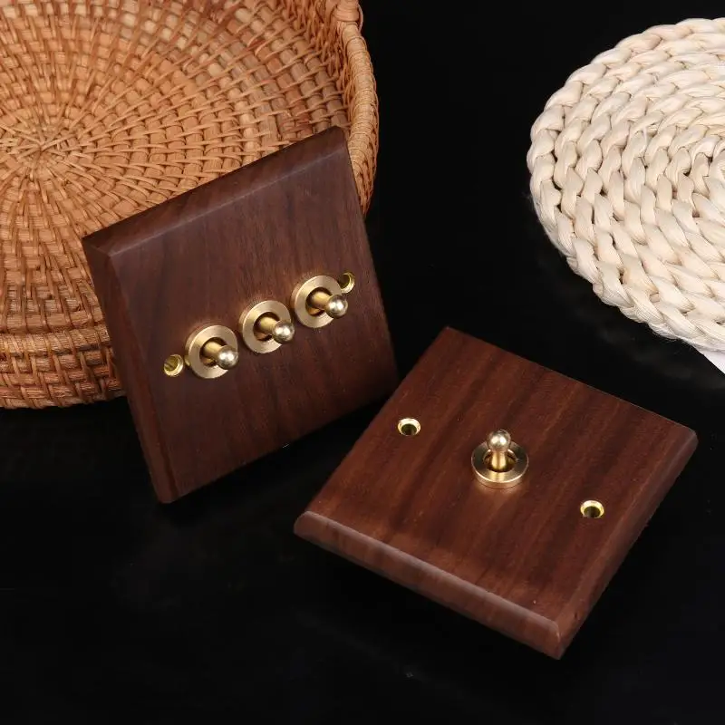 

Black Walnut Wood Retro British Light Switch Socket Bedside Wall Lamp Switch LED Dimmer Pure Wood Brass Toggle Switch Board