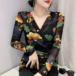 #7912Spring Wrap T Shirt Female Vintage Elastic Mesh Tshirt Female Tight Women Tee Shirts Long Sleeve Korean Style Woman T-Shirt