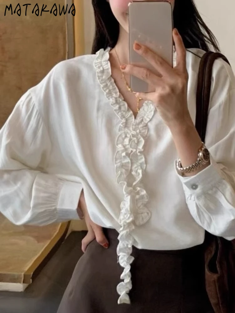 

Matakawa Sweet Ruffles Women Shirts&blouses Solid Spring Autumn Blusas Mujer Korean Fashion V Neck Elegant Retro Camisas