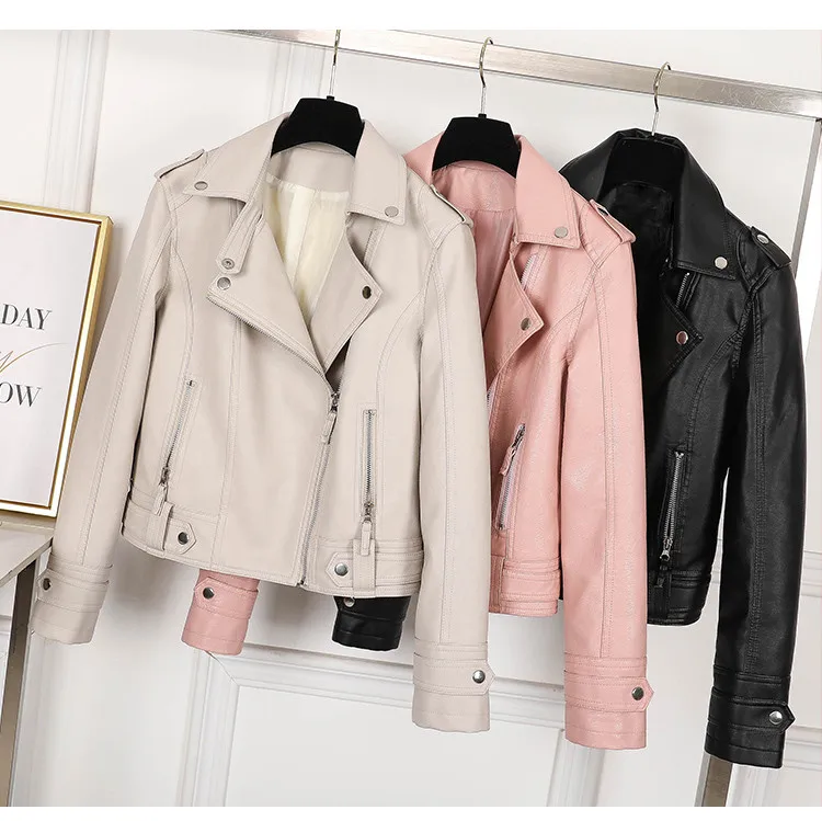 Women Faux Leather Jacket Beige Casual Slim Motorcycle Biker Leather Coat Female Punk Streetwear Jackets Cool