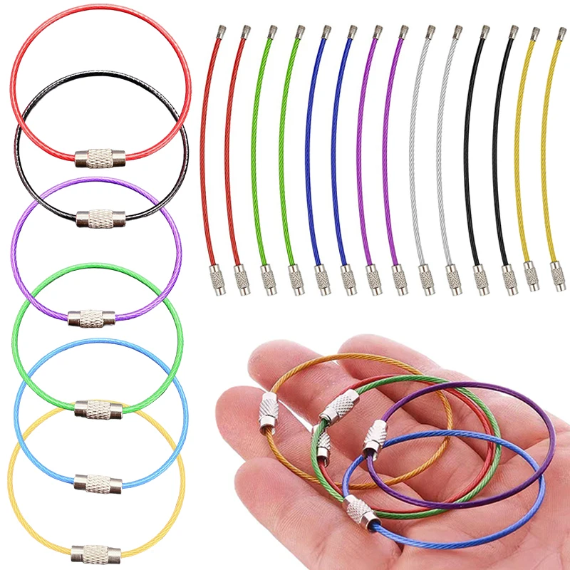 10PCS Assorted Random Mix Color 150x1.5mm Stainless Steel Wire Keychain Durable Screw Locking Keyrings Cable Rope Key Circle ZYF