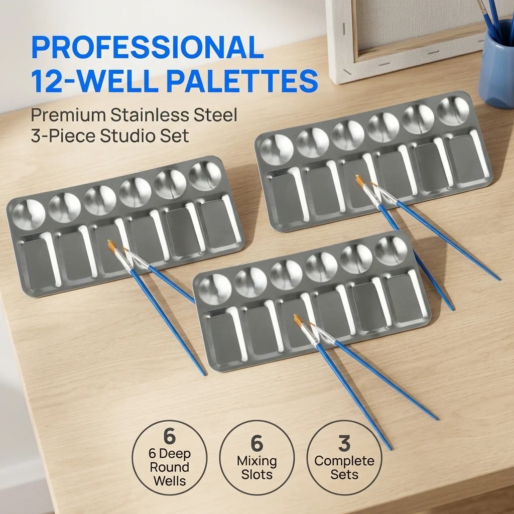 3Pcs Stainless Steel Palette Set with Brushes, for Oil Watercolor Acrylic & Makeup Mixing, Art Supplies for Artists & Nail Techs