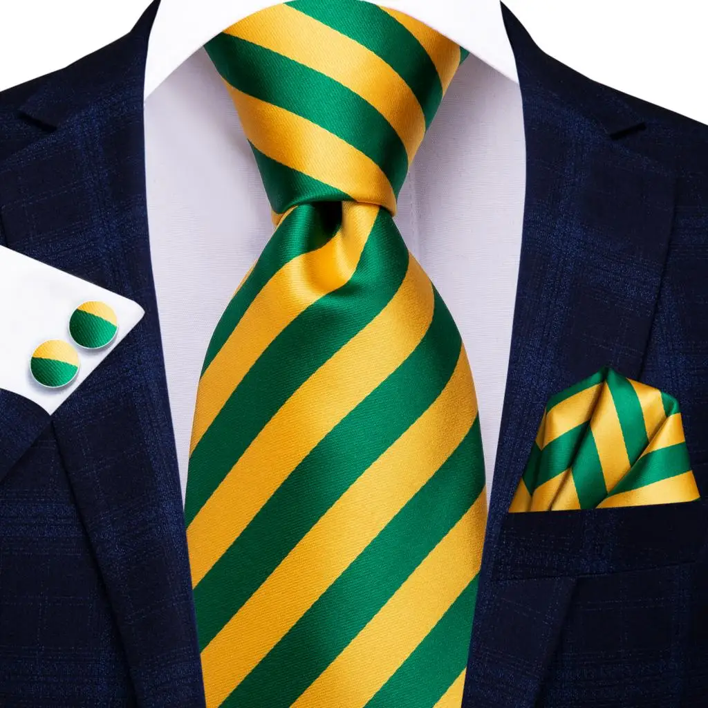 Hi-Tie Green Yellow Striped Silk Wedding Tie For Men Fashion Design Handky Cufflink Set For Men Necktie Business Party Dropship