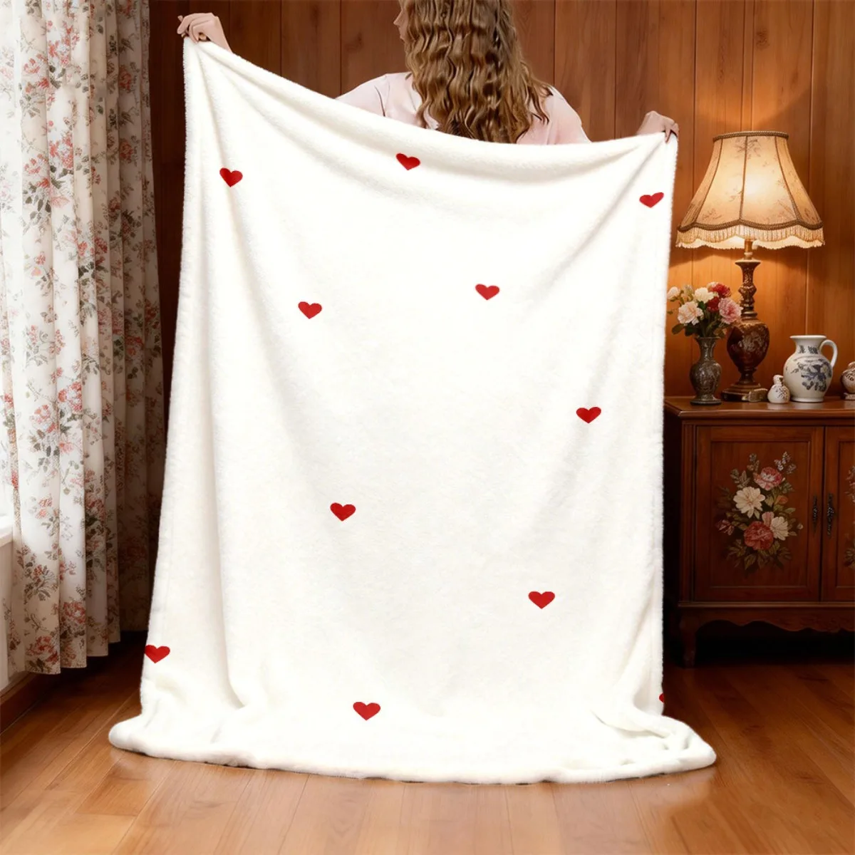 1pc DoubleSided Blanket with Scattered Red Hearts Soft Lightweight AllSeason Throw, Contemporary Style for Sofa, Bed, or Gift, W