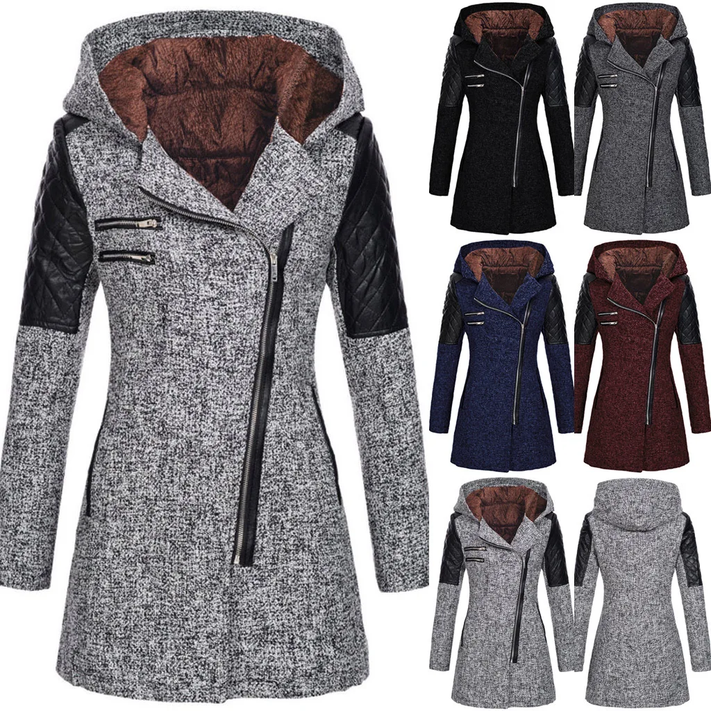 Damen Wollmantel 2026 Herbst Winter Mittellanger Kapuzenmantel mit Reißverschluss Loser Woll-Trenchcoat Damenbekleidung
