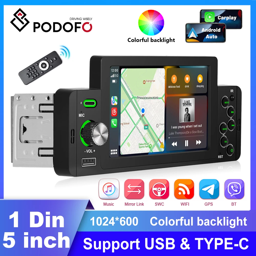 Podofo Car Radio 1 Din CarPlay Android Auto Multimedia Player Bluetooth MP5 Player Auto Stereo For Volkswagen Nissan Toyota