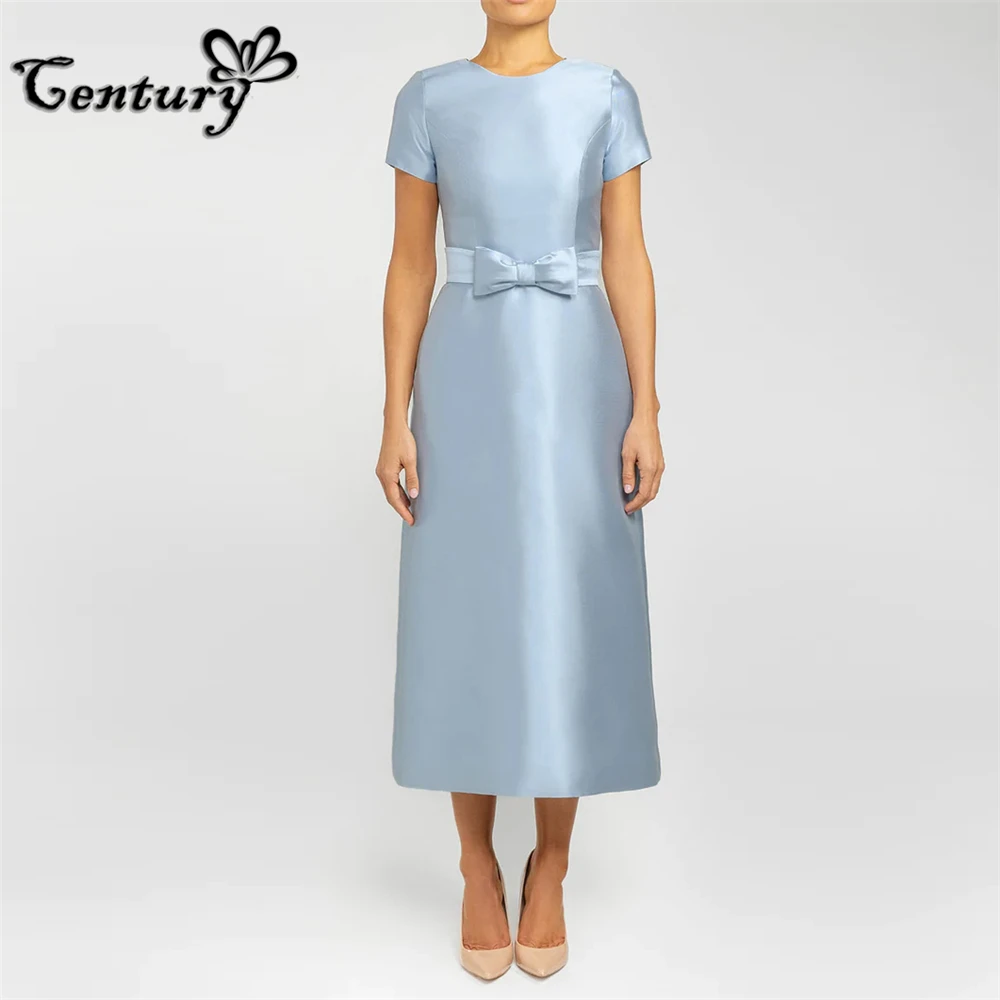 

Sky Blue Prom Dress for Women 2024 Short Sleeve Bow Belt Tea Length Satin Evening Party Gowns Formal Dresses Robe De Soiree