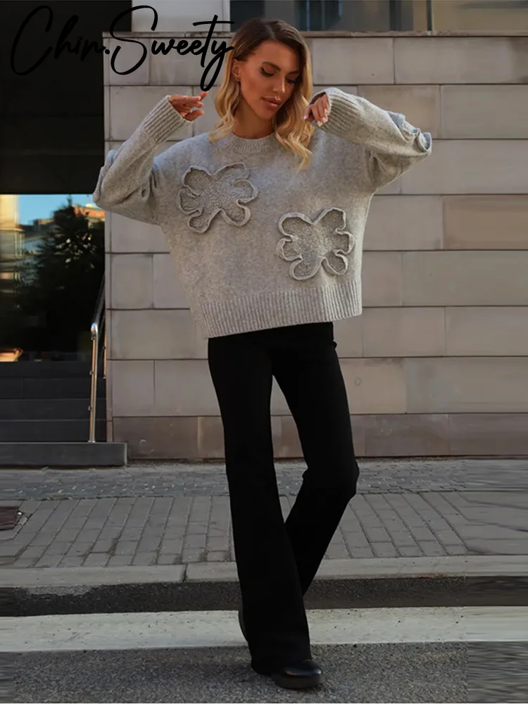 

Casual 3D Flower Patchwork Women's Sweater Loose Solid O-neck Long Sleeve Sweaters Female 2025 Autumn Fashion Lady Pullover New