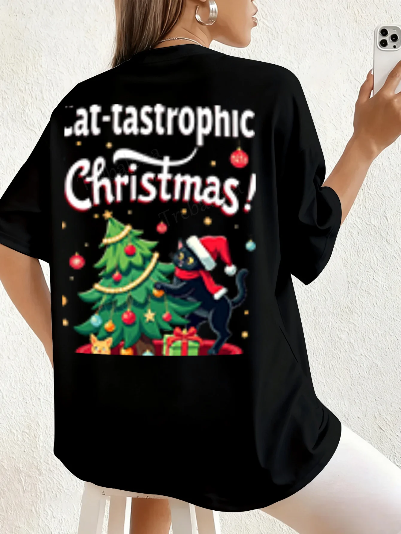 Damen-T-Shirt, Katzen-Tastrophic-Weihnachts-T-Shirt für Damen, festlicher Urlaubsspaß