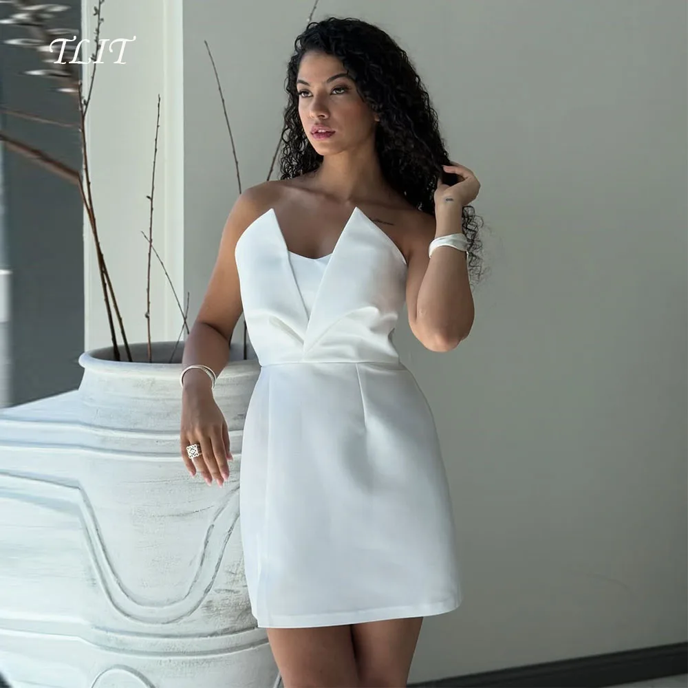 

TLIT Simple White Short Silk Satin Evening Gown Dresses Strapless Sleeveless Side Split Prom Gowns Customized Formal Party Gown