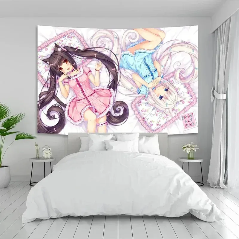 Tapiz de anime VIKAMA con diseño de personajes de Nekopara Chocola y Vanilla Neko para decoración de pared de habitación y dormitorio de anime