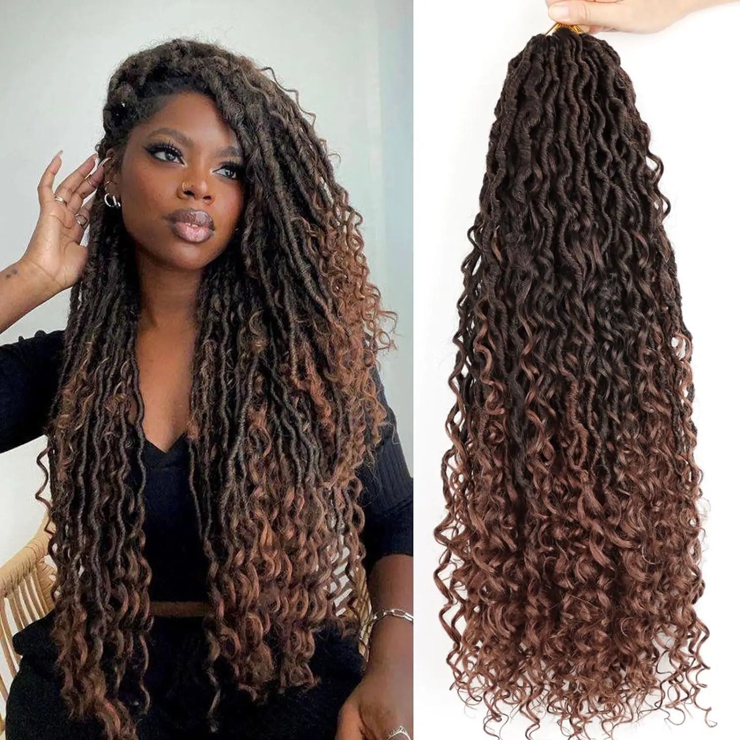 Goddess Locs Synthetic Crochet Hair 24 Inch, 8 Packs Faux Locs Crochet Hair, Boho Style River Locs Hair with Curly Ends