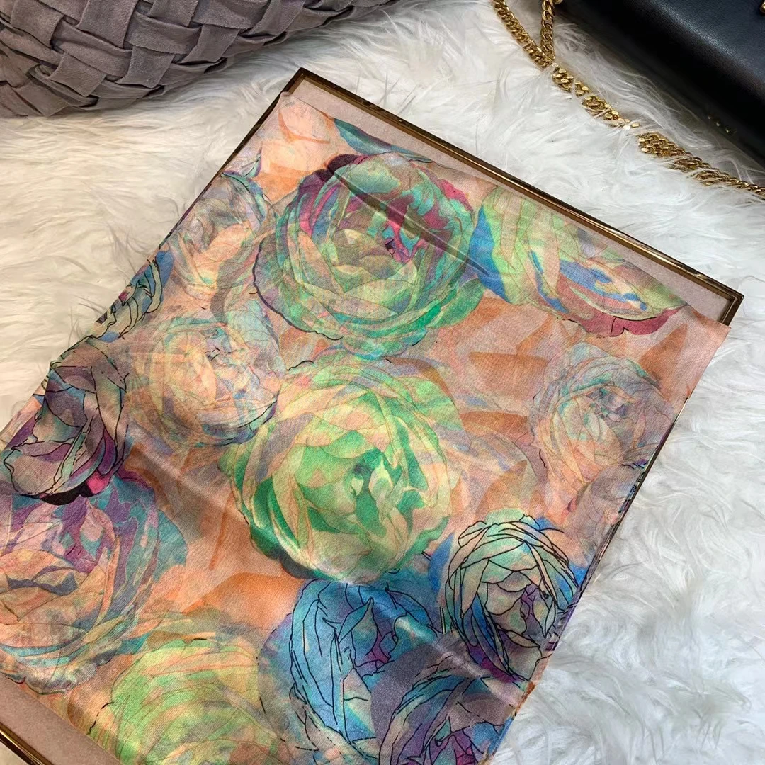 Ladies Green 100% Silk Scarf Shawl Winter Rose Design Women Pure Silk Scarves Wraps Fashion Beach Shawl Cover Ups Pink Scarf