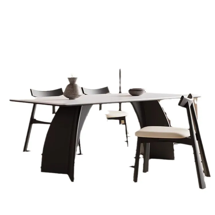 French retro solid wood dining table and chair combination modern simple small apartment medium and ancient rock slab rectangula