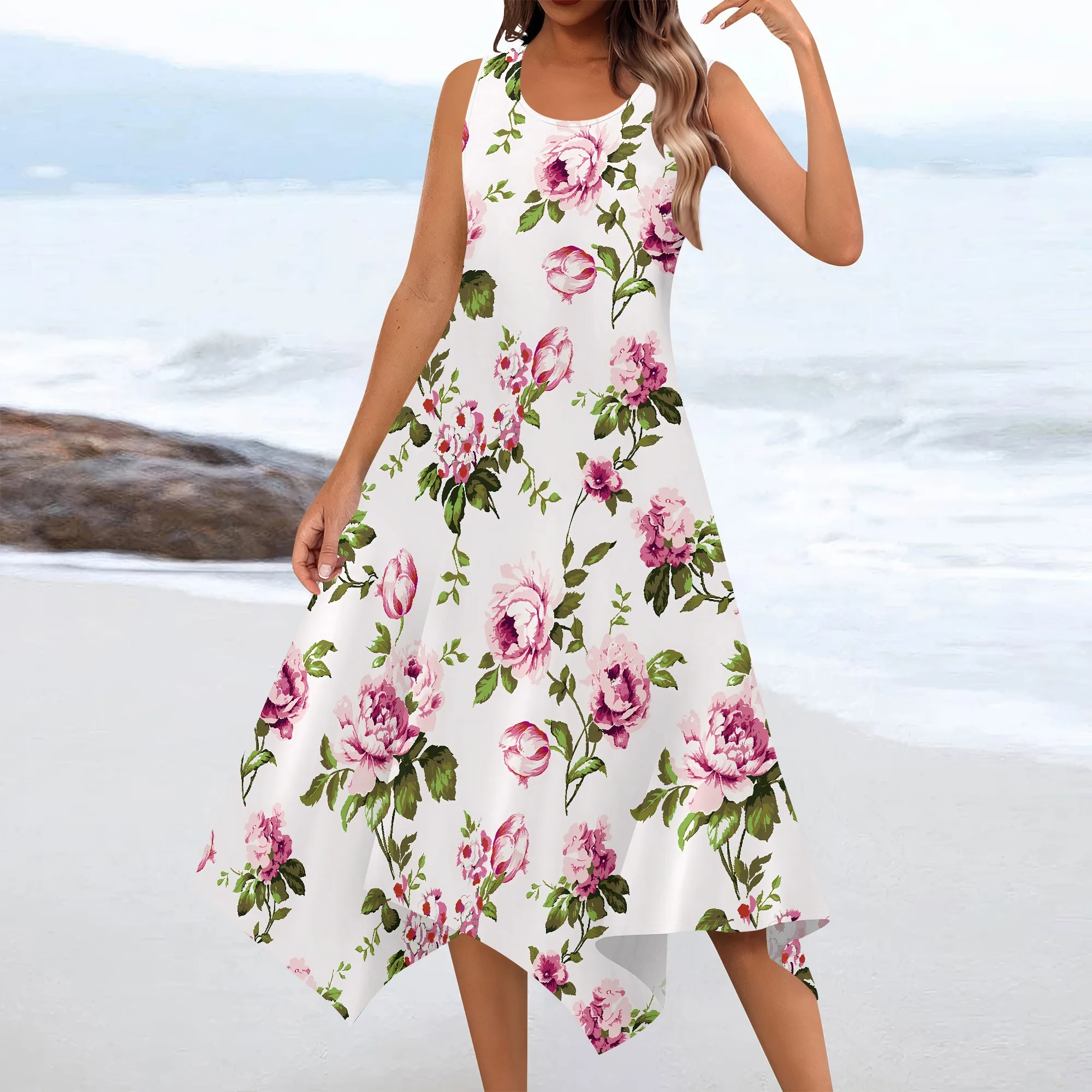 Robe d'été décontractée pour femmes, col rond, t-shirt sans manches, débardeur ample, robes de plage