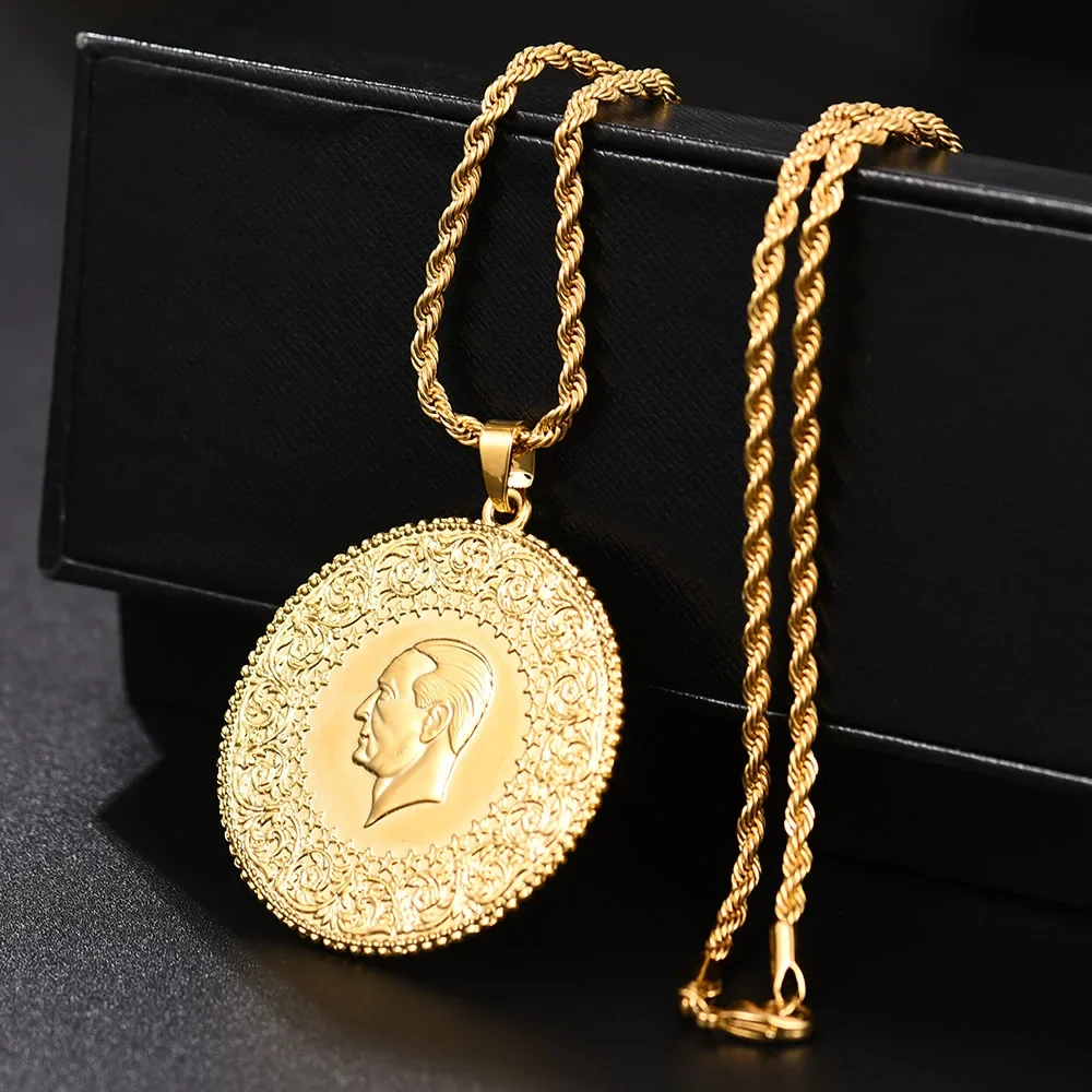 Three Size Muslim Islam Turkey Ataturk Pendant Allah Arab Necklaces for Women Gold Color Turkish Coins Jewelry Ethnic Gifts
