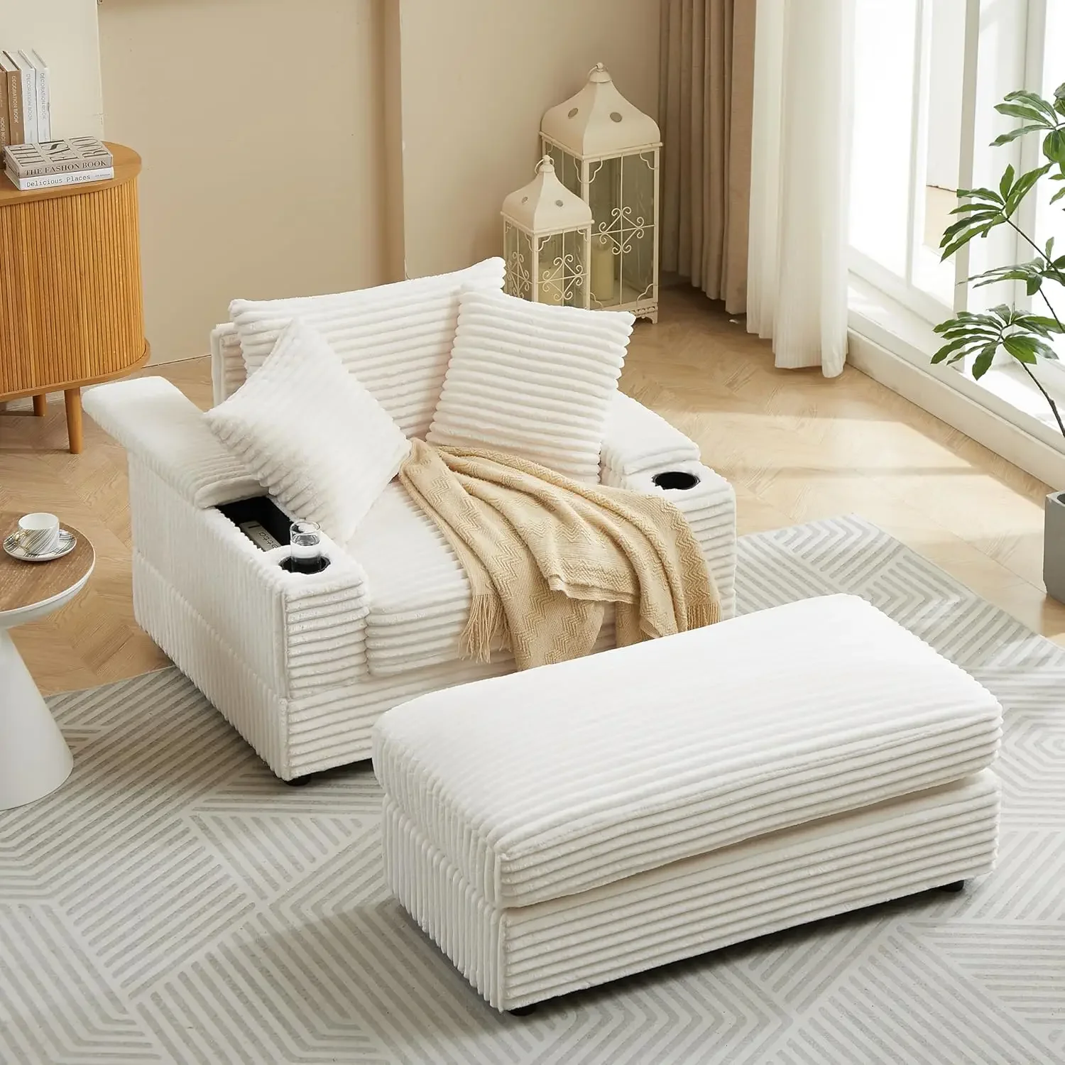 Upholstered Chaise Lounge Sofa with Movable Ottoman and Cupholders,43.3