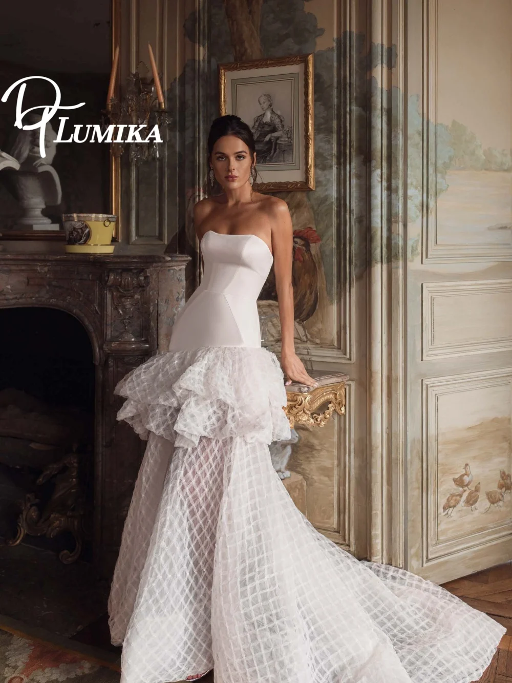 Stylish Strapless Ruffled Wedding Dress 2026 Romantic Grid-Patterned Church Bridal Gown Fashionable Mermaid Floor-Length Bridal