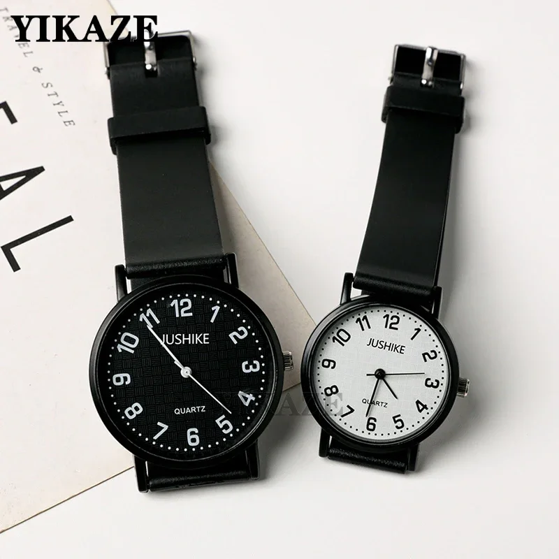 Jam tangan kuarsa hitam putih wanita, arloji tali silikon desain minimalis panggilan besar modis kreatif hadiah