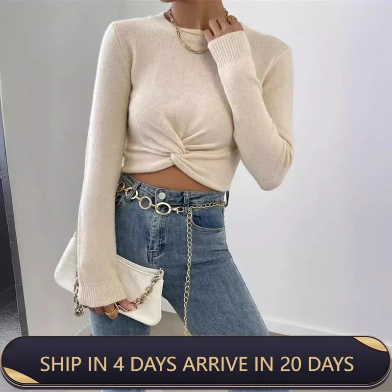 Trendy And Fashionable Temperament Slim Fit And Versatile Round Neck Design Cross Knit Top Sweater For Women