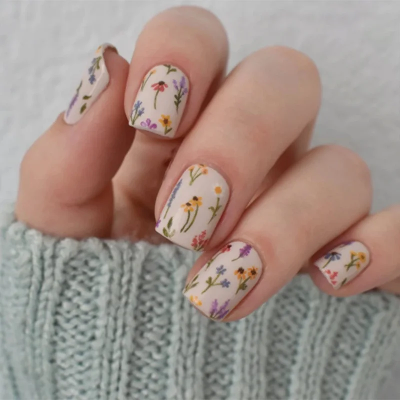 

24PCS Fresh Floral Pattern Short Square False Nail with Glue Sweet French Purple Glossy Press on Nail Full Cover Detachable Nail