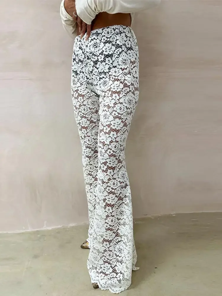 Sexy Women Sheer Lace Pants Transparent Y2K High Waist Wide Leg Flare Pants Ladies Bell-Bottoms Trouser 2025 New Club Streetwear