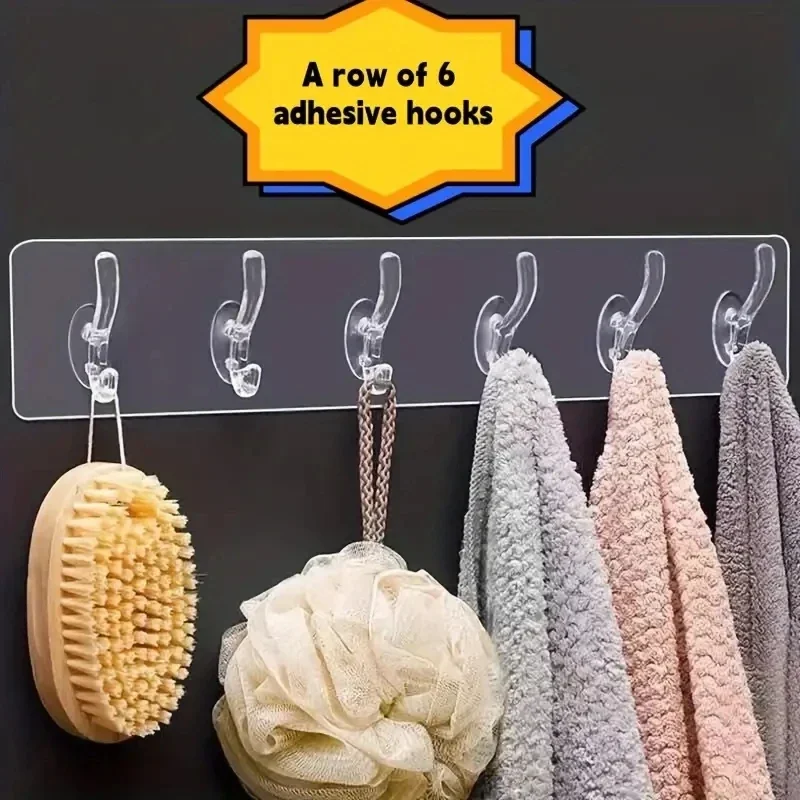 1pc 6 Hook Wall Organizer, Stainless Steel Hooks, No Drilling No Trace, Wall-mounted Clothes And Hat Hooks With Strong Adhesive,