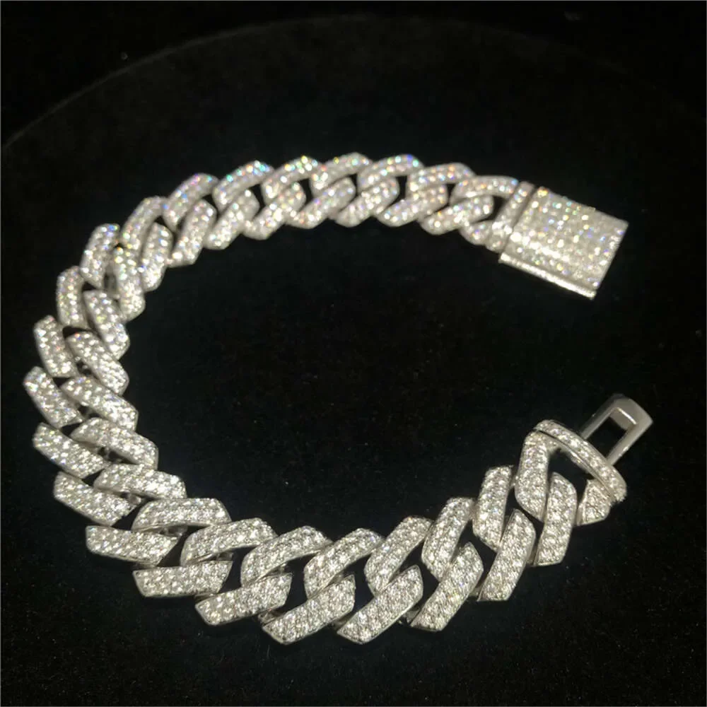 Hot Sale Hiphop Cuban Chain Iced Out 15mm 925 Sterling Silver Vvs Moissanite Cuban Link Chain Bracelet