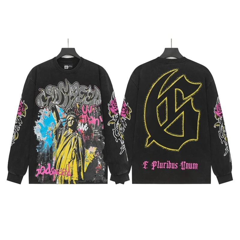 

Модная брендовая футболка Godspeed Liber в стиле ретро с длинным светом и принтом статуи Liber свободного кроя в американском стиле