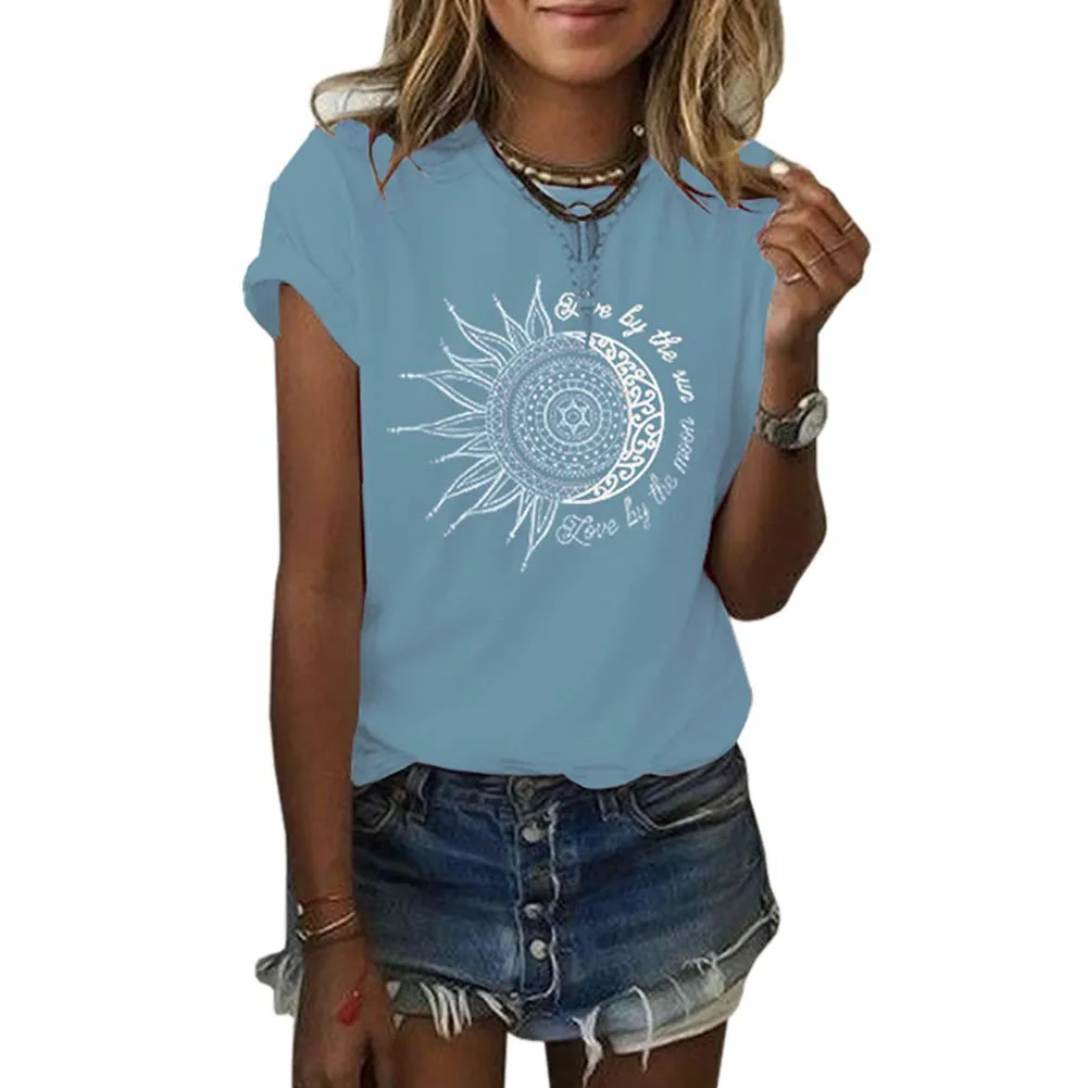 T-Shirts Woman 2024 Summer Vintage Casual Short Sleeve Tees Fashions Moon And Sun Printed Graphic Solid Color Women\'s T-Shirt
