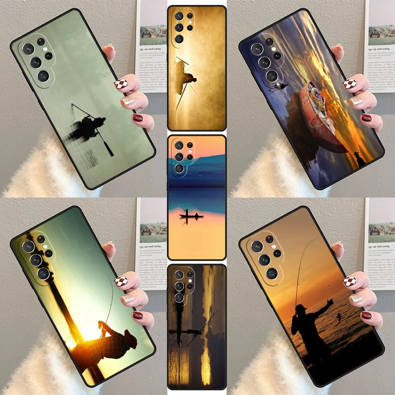 Bass Fishing Lake Sunset Fisherman Phone Case For Samsung Galaxy S23 S21 S20 FE S24 S22 Ultra Note20 S10 S9 S8 Plus Cover