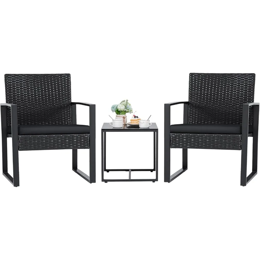 3 Pieces Patio Set Outdoor Wicker Furniture Sets Modern Rattan Chair Conversation Sets with Coffee Table for Yard and Bistro