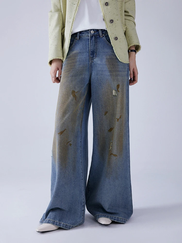 

Boran Retro Wide Leg Jeans Casual Versatile High Waist Long Pants Women N2E1106 Spring New Style Cotton Blend Deep Color
