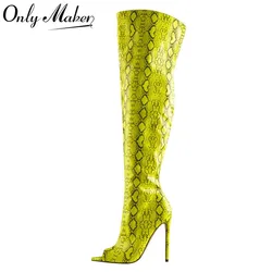 Onlymaker Women's Peep Toe Over The Knee Boots Snakeskin Print Pattern Stiletto Heel Zipper Yellow Big Size Open Toe Boots