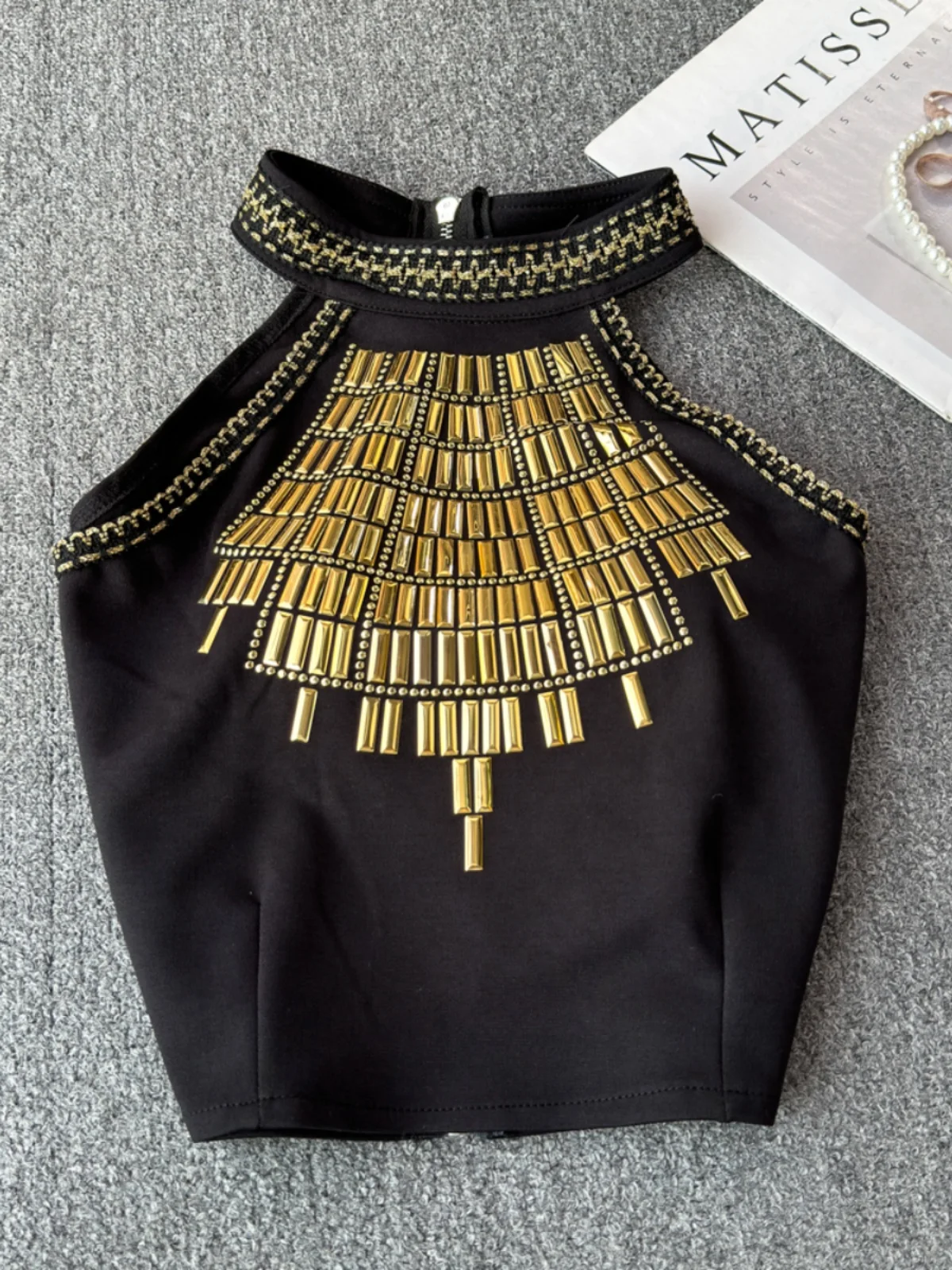 Foamlina Fashion 2025 Summer New Niche Metal Rivet Design Zipper Neck Vest Top for Women Street Shopping Short T-shirt Blouse